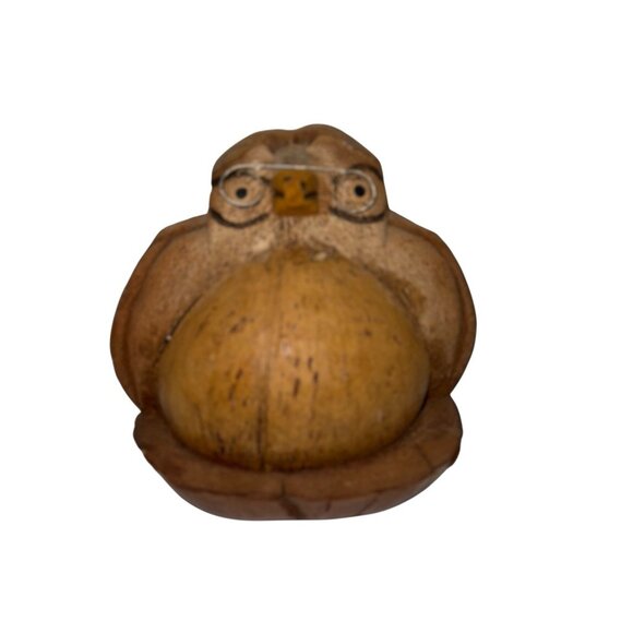 Handmade Wise Owl Wearing Glasses Coconut Shell Figurine Sculpture Kitsch BOHO - Picture 2 of 12